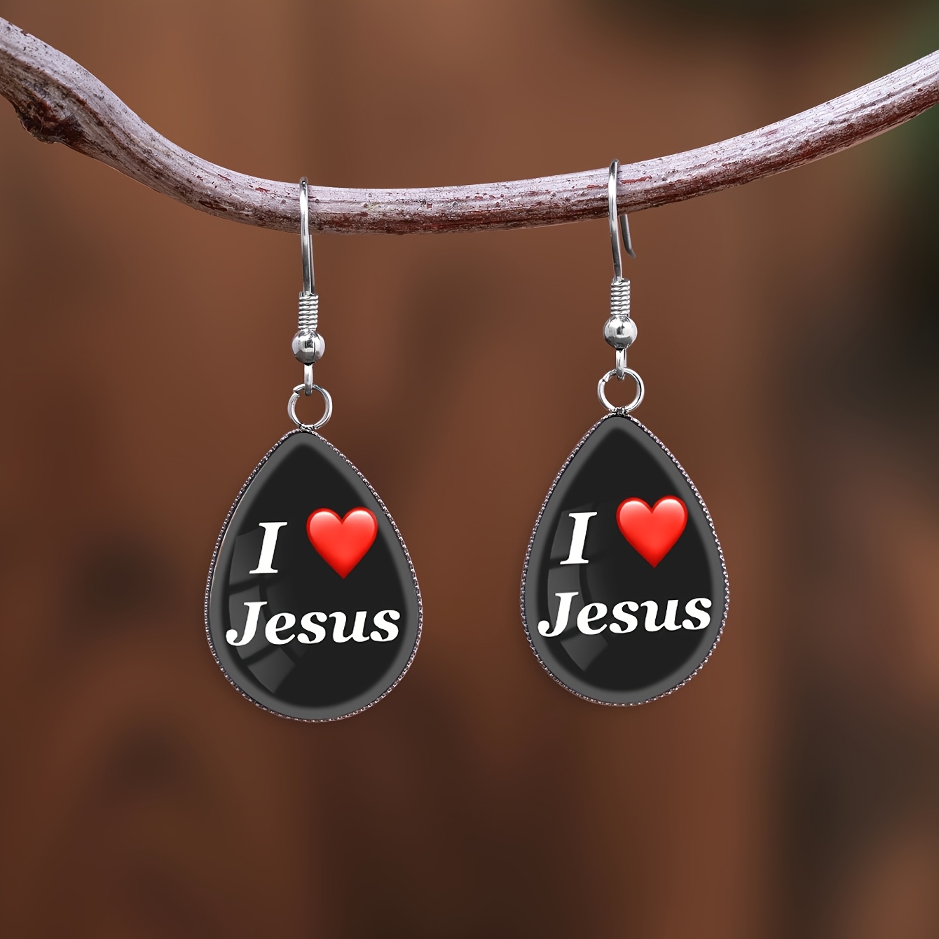 Black Heart-Shaped Letter Pattern Water Drop Ear Hooks